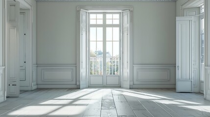 Poster - interior of bright empty room with doors entering to the balcony : Generative AI