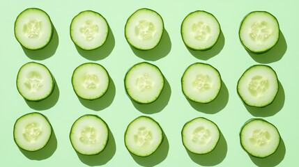 Canvas Print - Cucumber slices arranged in a pattern on a green background.