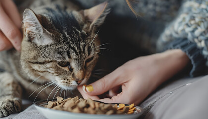 Owner feeding cute cat at home