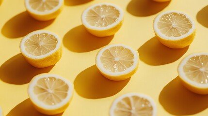 Lemon slices arranged in a pattern on a yellow background.