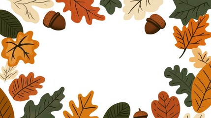 A minimalist autumn frame with simple outlines of leaves and acorns, in muted fall colors, on a clean white background 