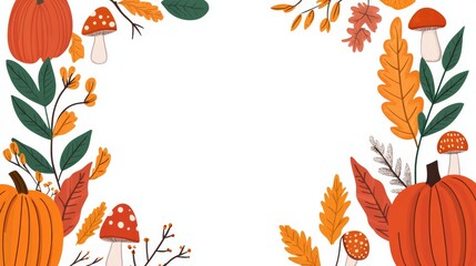 Sticker - A playful autumn frame with cartoon-style leaves, pumpkins, and mushrooms, on a bright, cheerful background 