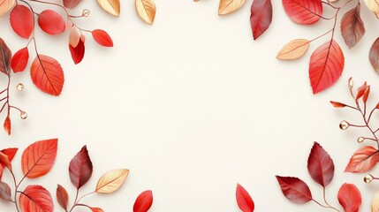 Poster - A whimsical autumn frame with intertwined vines, red and gold leaves, and tiny fairy lights, on a soft gradient background 