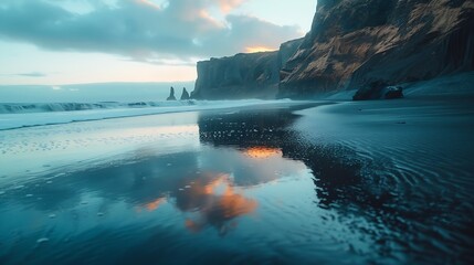 Canvas Print - Beach side cliffs reflected on the black sand beach during the sunset : Generative AI