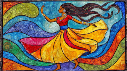 Colorful Madhubani painting of a woman performing a traditional indian dance with a flowing dress