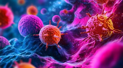 Aufkleber - a detailed abstract image showcasing vibrant cancer cells observed under a microscope highlighting t