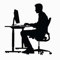 Wall Mural - Silhouette of a man working at a desk with a computer in an office setting.