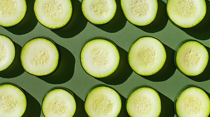 Canvas Print - Slices of zucchini arranged in rows on a green background.