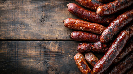 A rustic top view of smoked sausages made from pork, chicken, or turkey, arranged on a table with copy space. --ar 16:9 --v 6.1 Job ID: 7e381118-ee3a-4279-bb6c-8959966d54ba