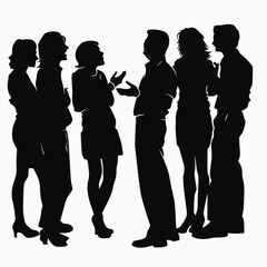 Silhouettes of a diverse group of adults engaged in animated conversation.