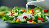 Ranch dressing drizzling from a bottle onto a fresh salad vibrant greens with crisp veggies and smooth white sauce motion captured mid-pour 