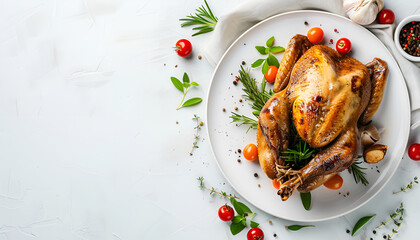 Plate with roasted turkey on white background