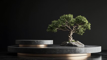 A small bonsai tree stands on a stone platform with a larger platform in front of it, both on a black background.