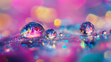 A spectacular macro view of water droplets with colorful light reflections, creating decorative, futuristic patterns with a unique, stylish appearance. --ar 16:9 --v 6.1 Job ID: 4a4103b6-97f4-4962-874