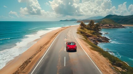 Red car driving in panoramic road landscape by the beach Highway panorama on ocean beach its nice to drive on the beach side highway Road view on the coast on way to summer vacation : Generative AI