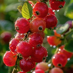 Wall Mural - Close-up photograph of vibrant, dew-covered red berries hanging on a branch surrounded by lush green leaves on a sunny morning