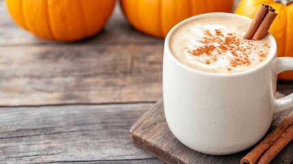 Sticker - Warm pumpkin spice latte adorned with a cinnamon stick rests on a rustic wooden table symbolizing the cozy essence of Octobers autumn season 