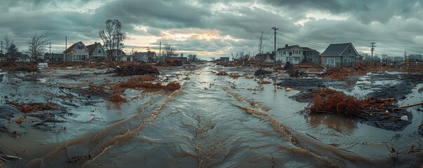 Devastating aftermath of a natural disaster showing flood-prone neighborhood with muddy waterlogged streets and damaged houses during overcast weather