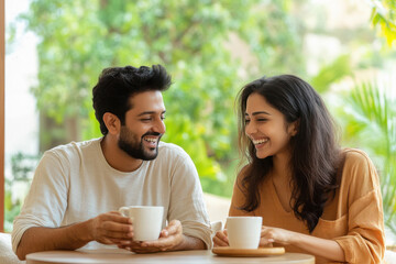 indian modern young couple having coffee at home