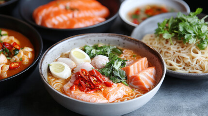 A variety of handmade dishes including Thai Tom Yum Goong, Spaghetti Carbonara, and salmon steak, crafted for luxury dining and health-conscious eating, with spices to enhance the flavors. --ar 16:9 -