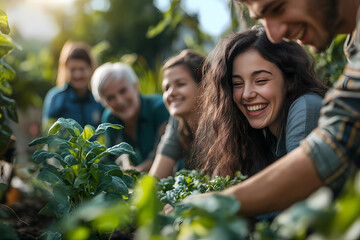 A smiling group of multi-generational people gardening in the garden. One girl is planting plants while others look on and smile. 