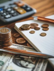 Fototapete - A stack of cash and coins alongside an open notebook filled with financial notes and calculations, all placed on a wooden table. Generative AI
