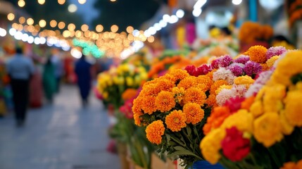 Sticker - Brightly lit market bustling with activity as shopkeepers decorate their stalls with flowers and torans to welcome good fortune on Labh Pancham 