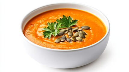 Sticker - Close-up of a creamy pumpkin soup in a white bowl garnished with pumpkin seeds and parsley isolated on white background rich orange and green accents 