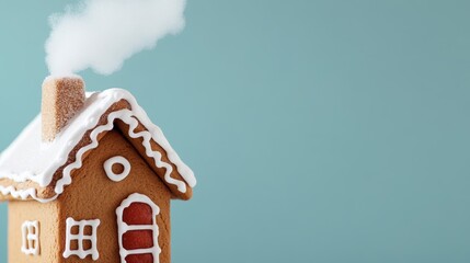 Canvas Print - Close-up of gingerbread house chimney with smoke made of spun sugar, details in red and white, against a gradient background fading from light blue to gray 