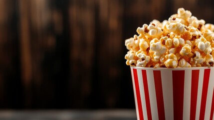 Poster - closeup of a vintage popcorn bucket filled with caramel popcorn, golden and rich tones, isolated on a dark wooden background 