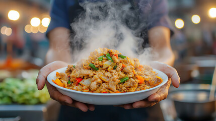 A steaming plate of colorful fried rice served by a chef in a vibrant market, showcasing delicious fresh ingredients.