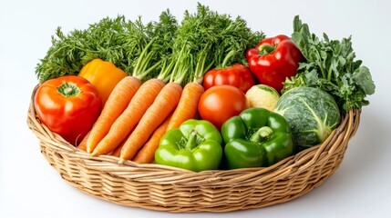 Wall Mural - Freshly harvested vegetables in a wicker basket isolated on a white background colorful produce like carrots tomatoes and peppers symbolizing sustainable agriculture and healthy eating 