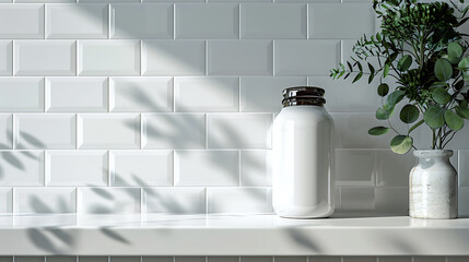 Wall Mural - A white ceramic jar sits on a white tiled countertop with a vase of green leaves behind it. Sunlight casts shadows on the tiles.