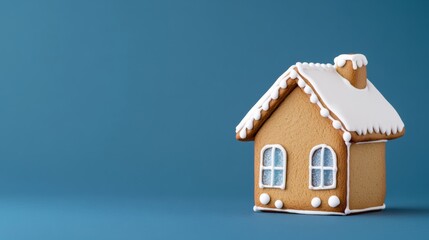 Poster - Frosty gingerbread house with ice-blue icing details and crystal sugar windows, placed on a cold gradient background moving from dark blue to icy white 