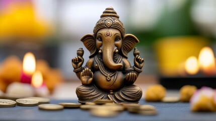 Poster - Golden idol of Lord Ganesha surrounded by coins, sweets, and lamps representing wealth and success for new ventures on Labh Pancham 