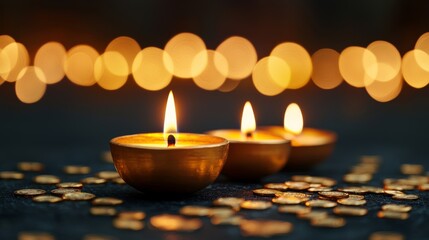 Poster - Golden-lit traditional clay lamps glowing brightly against a dark background surrounded by shimmering gold coins and jewelry representing the prosperity of Dhanteras 