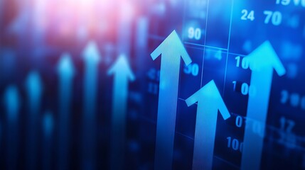 Up arrows over blue financial graph background. Horizontal composition with selective focus and copy space. Investment, stock market data and finance concept