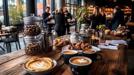 Wall Mural - A table with a variety of food and drinks, including coffee and pastries