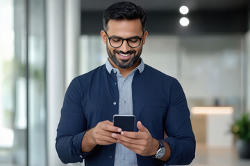 young handsome man using smartphone at office
