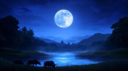  Misty moonlit night in a rural Indian landscape with water buffalo grazing near a sparkling river reflecting the Sharad Purnima moon and distant temple bells ringing 
