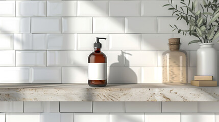 Wall Mural - A dark amber bottle with a pump dispenser sits on a wooden shelf in front of a white tiled wall.