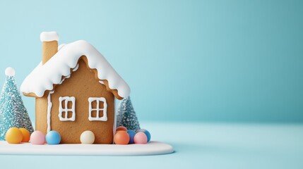 Canvas Print - Top-down view of a gingerbread house with a snow-covered candy garden, all details in white and pastel colors, set against a soft blue-to-white gradient background 