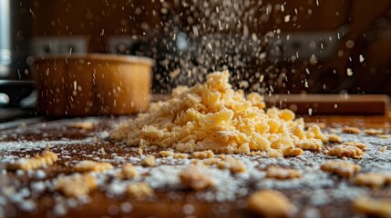 A close-up image capturing a heap of grated cheese falling from above, creating a dynamic and textured scene that highlights the freshness and richness of the shredded dairy product in a kitchen