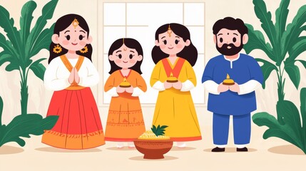 Canvas Print - Vibrant Gujarati family dressed in colorful attire celebrating Labh Pancham with sweets, diya lamps, and prayers in a beautifully decorated home 