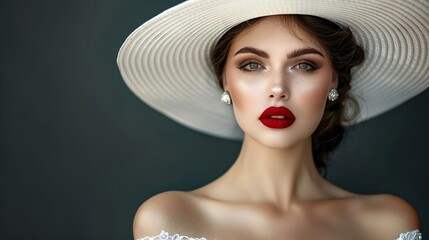 Wall Mural - Elegant Lady in White Hat with Red Lips Make up Fashion Woman in Luxury Evening Dress over Black Beautiful Model in Big Wide Brimmed Hat and Wedding Gown : Generative AI