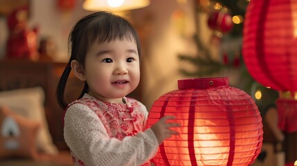 Cute Asian little girl playing with red paper lanterns and decorations for Chinese New Year celebration at home copy space : Generative AI