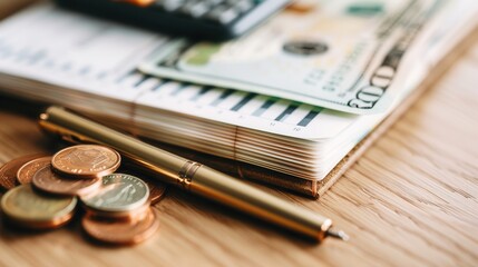 Fototapete - A stack of cash and coins rests beside a notebook filled with financial notes and calculations, alongside a pen and a calculator. Generative AI