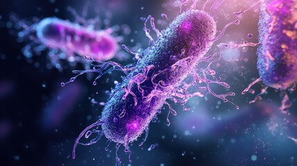 Poster - A bacterial cell is actively dividing, showcasing its unique structure under vibrant colors in a close-up microscopic perspective