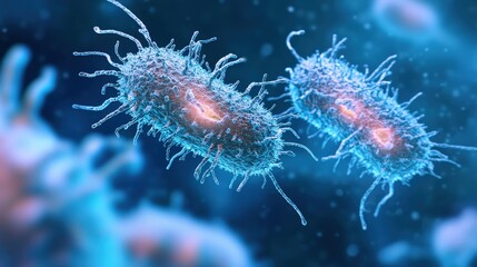Poster - Bacterial cells are actively dividing, showcasing their complex structures and dynamic processes in vivid colors