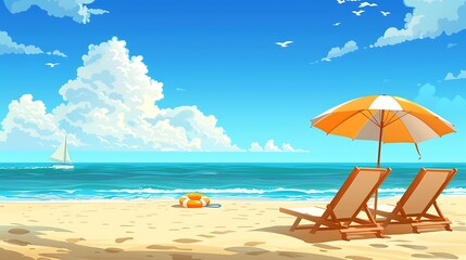 Wall Mural - Beach with lounge chairs and umbrella in on a sunny day